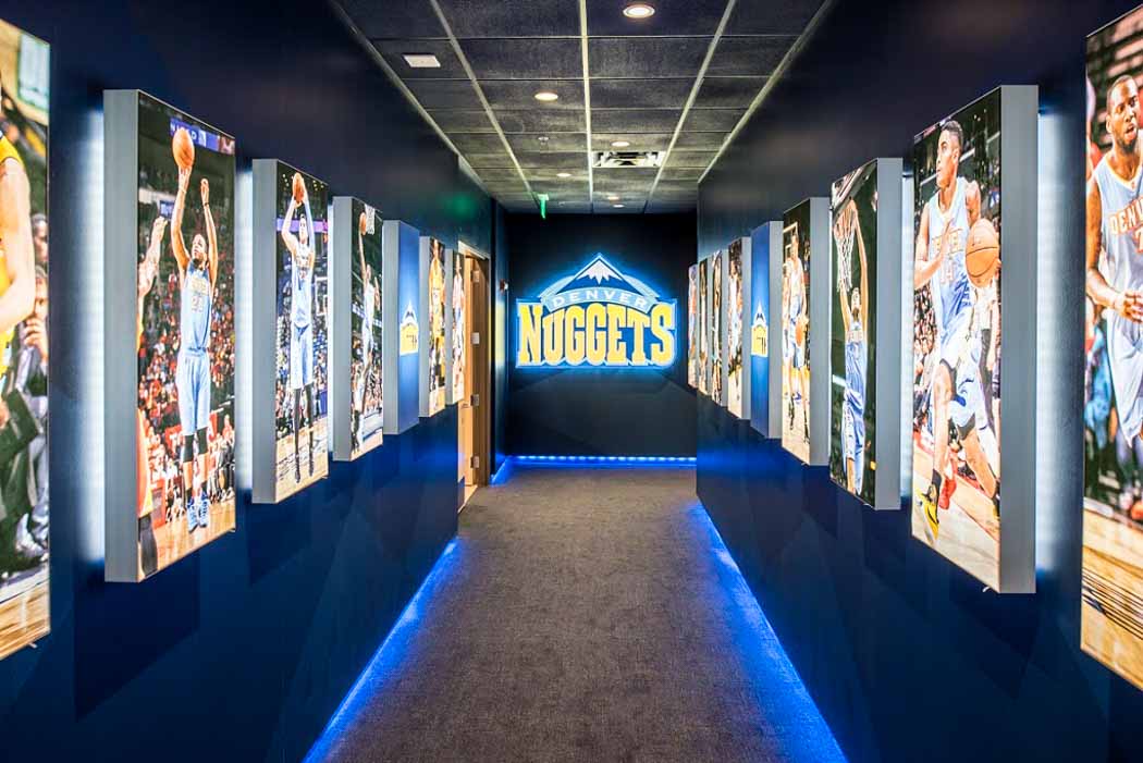Denver Nuggets (4) Reebok, trigon display, lightbox accessories, pedestal, retail display, retail, custom shape frame