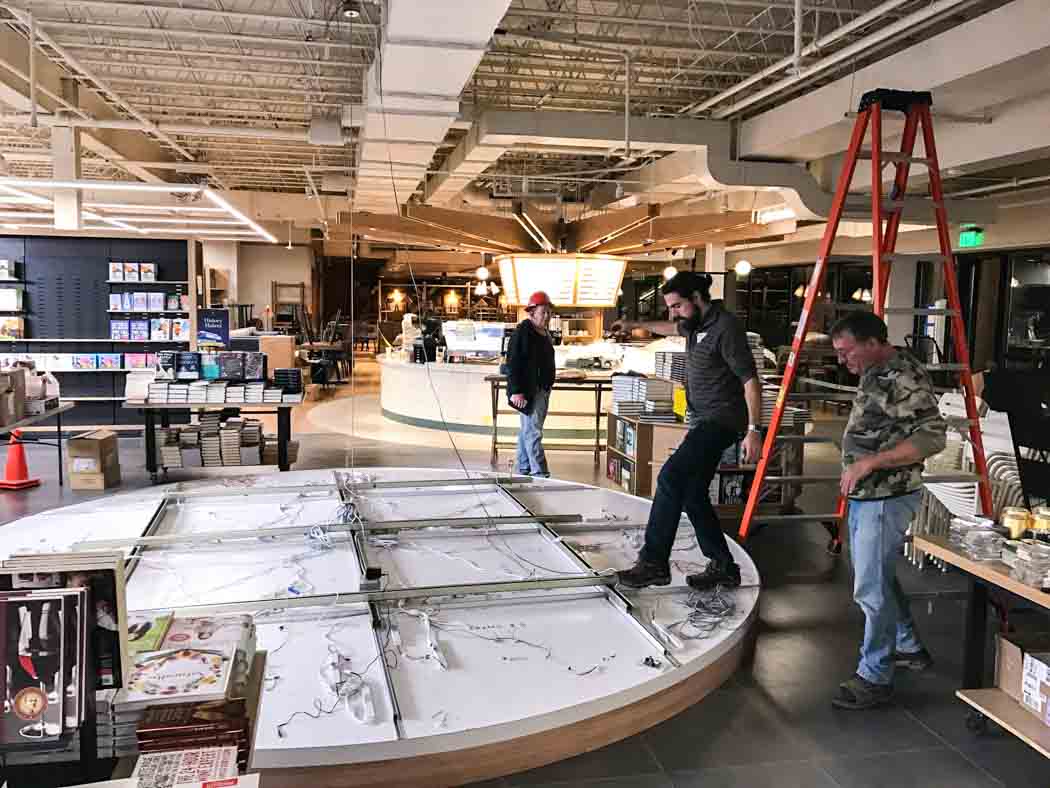 barnes-and-noble-11 circular suspended lightboxes in production