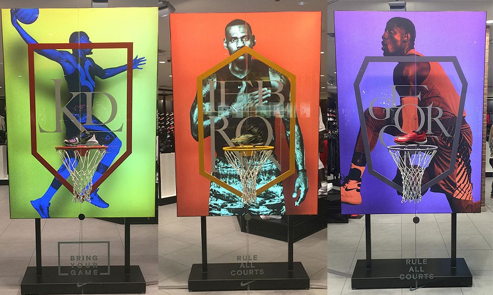 Reebok, trigon display, lightbox accessories, pedestal, retail display, retail, custom shape frame